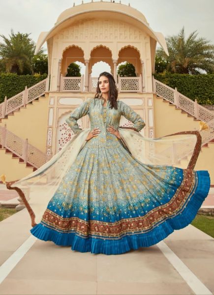 Light Sage Green Pure Dola Jacquard Digitally Printed Party-Wear Readymade Gown With Dupatta