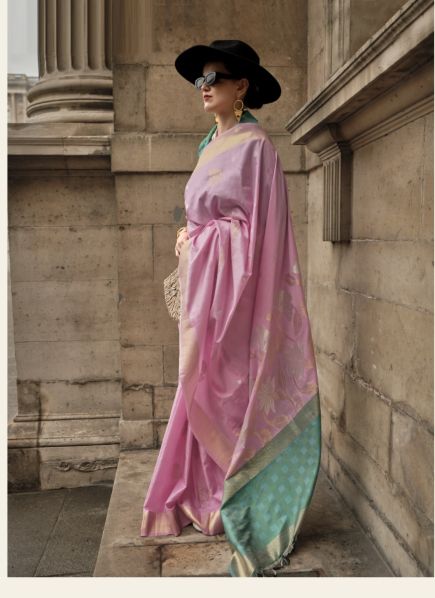 Light Pink Soft Silk Handloom Woven Party-Wear Saree