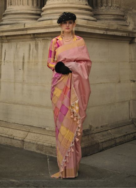Pink Soft Silk Handloom Woven Party-Wear Saree