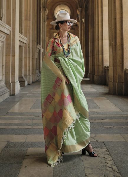 Light Green Soft Silk Handloom Woven Party-Wear Saree