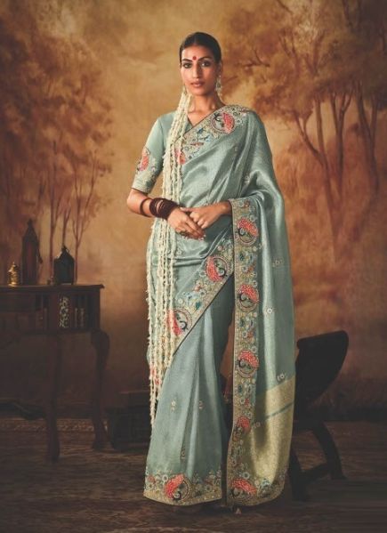 Sage Blue Kanjivaram Silk Hand Embroidered Wedding-Wear Saree