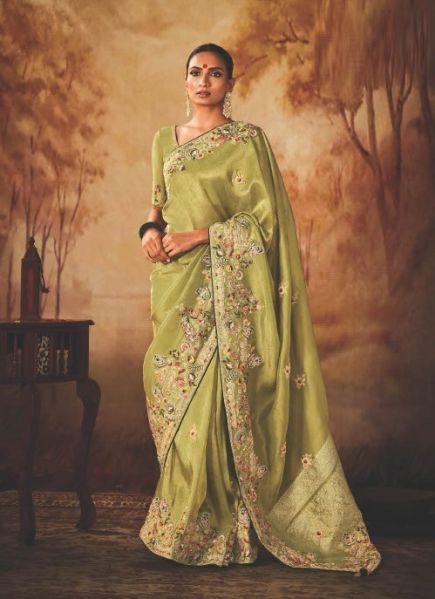 Light Olive Green Kanjivaram Silk Hand Embroidered Wedding-Wear Saree
