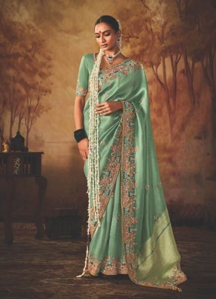 Light Mint Green Kanjivaram Silk Hand Embroidered Wedding-Wear Saree