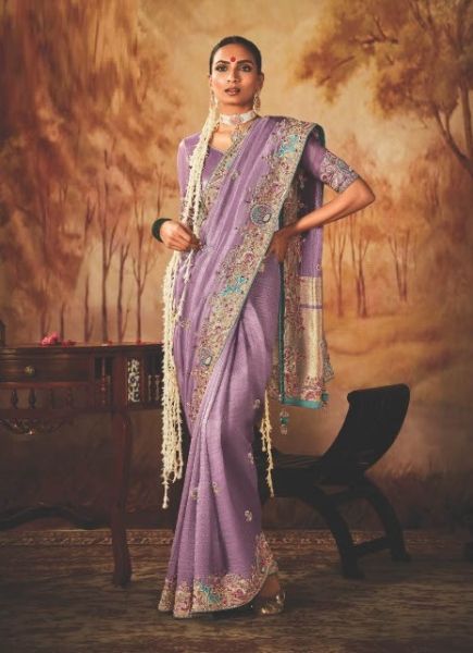 Lilac Kanjivaram Silk Hand Embroidered Wedding-Wear Saree