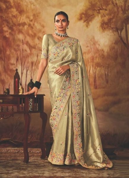 Beige Kanjivaram Silk Hand Embroidered Wedding-Wear Saree
