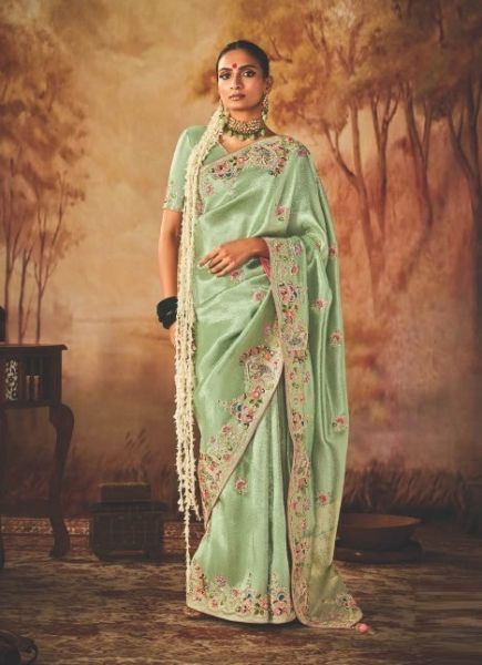 Light Green Kanjivaram Silk Hand Embroidered Wedding-Wear Saree