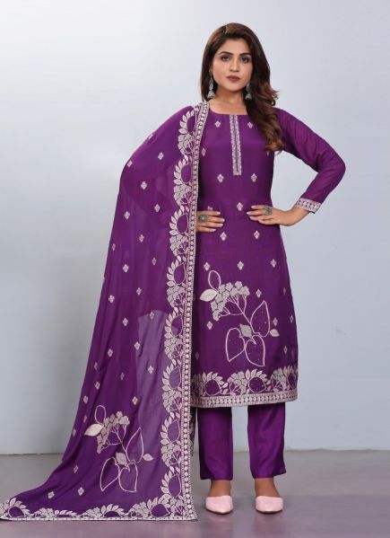 Purple Jacquard Viscose Embroidered Festive-Wear Pant-Bottom Readymade Salwar Kameez