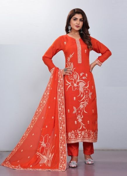 Dark Orange Jacquard Viscose Embroidered Festive-Wear Pant-Bottom Readymade Salwar Kameez