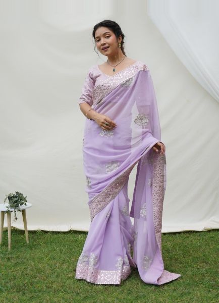 Light Purple Georgette Thread & Sequins-Work Party-Wear Saree