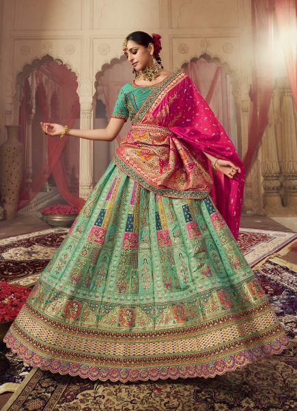 Light Mint Green Banarasi Silk Handworked Wedding-Wear Bridal Lehenga Choli
