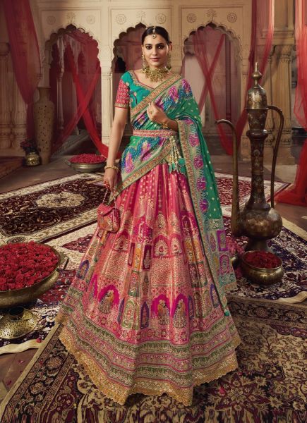 Dark Pink Banarasi Silk Handworked Wedding-Wear Bridal Lehenga Choli