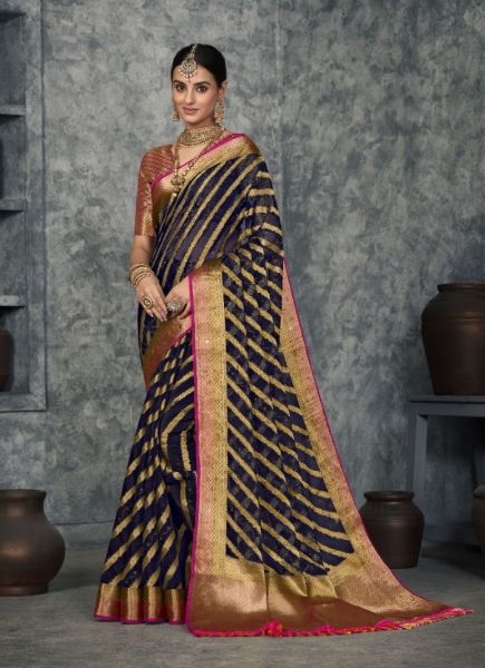 Navy Blue Organza Woven Silk Pattu Saree For Traditional / Religious Occasions