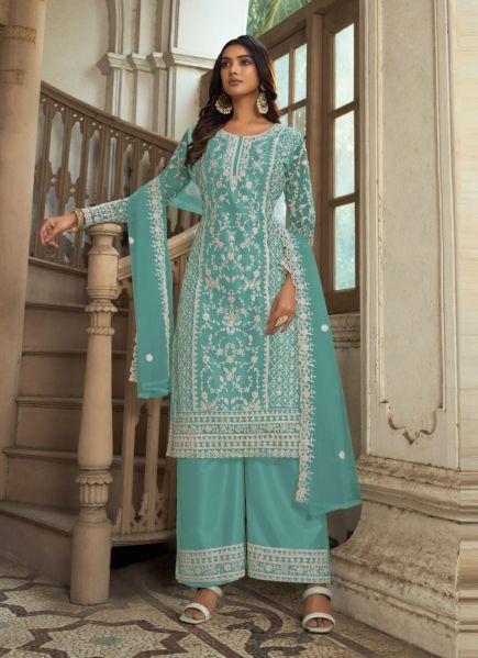 Light Teal Blue Embroidered Festive-Wear Straight-Cut Salwar Kameez