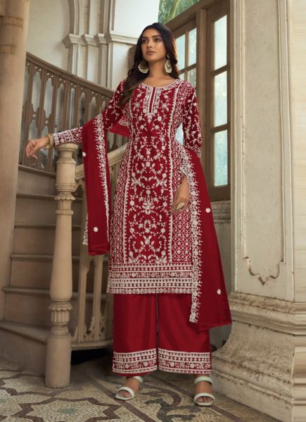 Red Embroidered Festive-Wear Straight-Cut Salwar Kameez