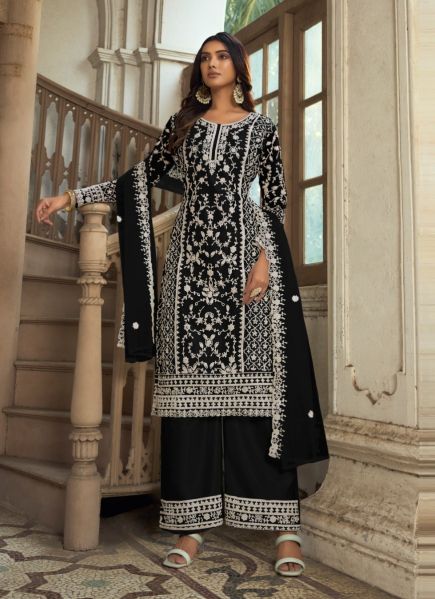 Black Embroidered Festive-Wear Straight-Cut Salwar Kameez