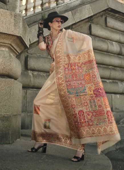 Peach Modal Woven Silk Kashmiri Saree For Traditional / Religious Occasions