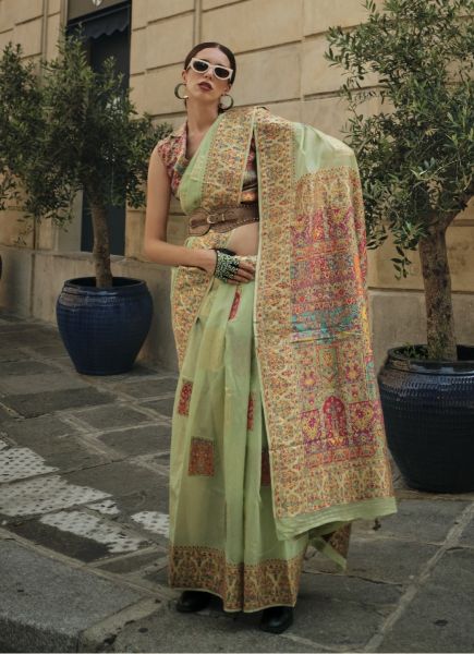 Light Green Modal Woven Silk Kashmiri Saree For Traditional / Religious Occasions