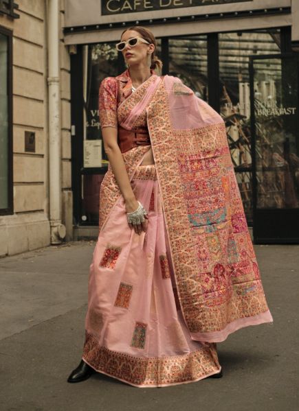 Light Coral Modal Woven Silk Kashmiri Saree For Traditional / Religious Occasions