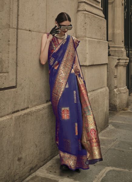Violet Blue Modal Woven Silk Kashmiri Saree For Traditional / Religious Occasions