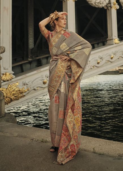 Peanut Brown Modal Woven Silk Kashmiri Saree For Traditional / Religious Occasions