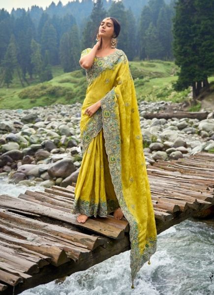 Yellow Silk Hand Embroidered Wedding-Wear Saree