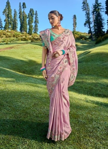 Light Pink Silk Hand Embroidered Wedding-Wear Saree
