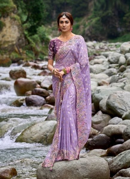 Lavender Silk Hand Embroidered Wedding-Wear Saree