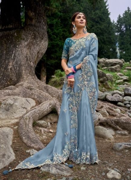 Light Blue Silk Hand Embroidered Wedding-Wear Saree