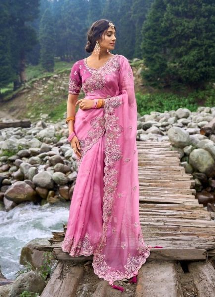 Pink Silk Hand Embroidered Wedding-Wear Saree