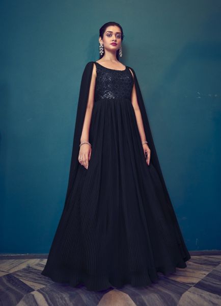 Dark Navy Blue Georgette Thread, Embroidery & Sequins-Work Party-Wear Readymade Gown With Dupatta
