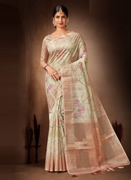 Cream Organza Floral Digitally Printed Saree For Traditional / Religious Occasions