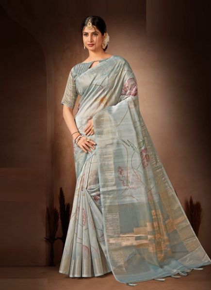 Light Blue Organza Floral Digitally Printed Saree For Traditional / Religious Occasions