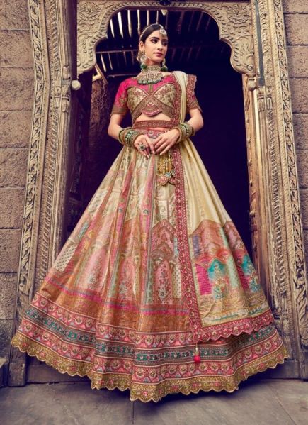Cream & Pink Banarasi Silk Handwork Wedding-Wear Bridal Lehenga Choli