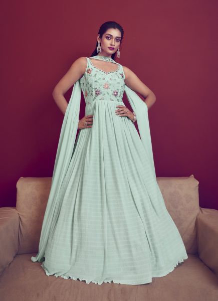 Light Celadon Green Georgette Sequins-Work Party-Wear Readymade Gown With Dupatta