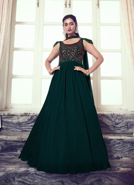 Dark Teal Blue Georgette Sequins-Work Party-Wear Readymade Gown With Dupatta