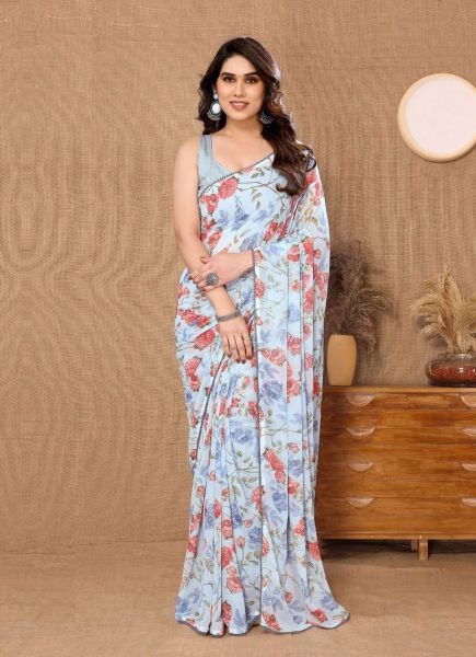 Light Blue Georgette Printed Vibrant Saree For Kitty Parties