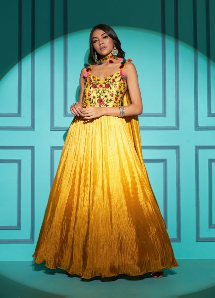 Mustard Yellow Chinon Thread, Embroidery & Sequins Work Party-Wear Readymade Gown With Dupatta
