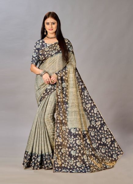Warm Gray Silk Viscose Printed Saree For Traditional / Religious Occasions