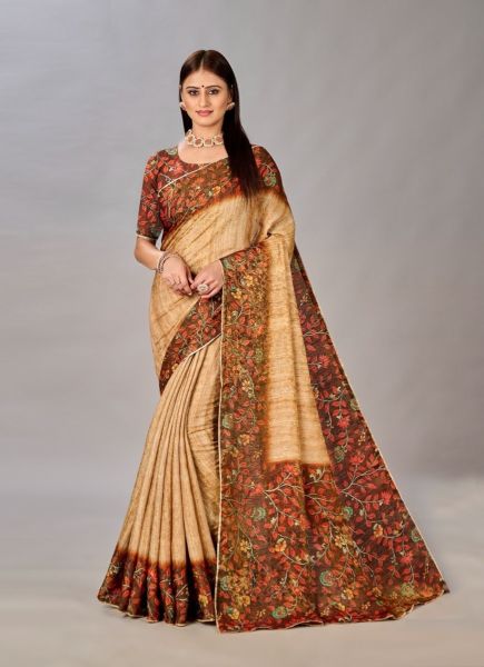 Burlywood Silk Viscose Printed Saree For Traditional / Religious Occasions