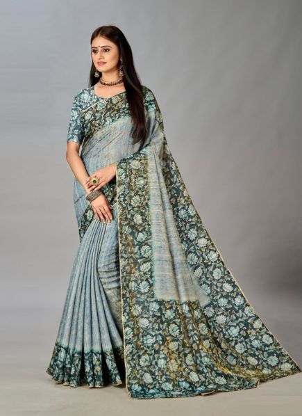 Light Blue Silk Viscose Printed Saree For Traditional / Religious Occasions
