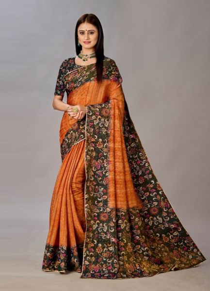 Dark Orange Silk Viscose Printed Saree For Traditional / Religious Occasions