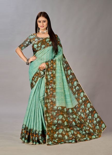 Mint Green Silk Viscose Printed Saree For Traditional / Religious Occasions
