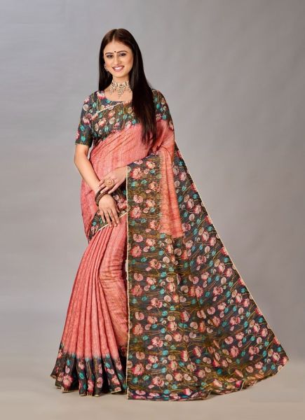 Light Coral Silk Viscose Printed Saree For Traditional / Religious Occasions