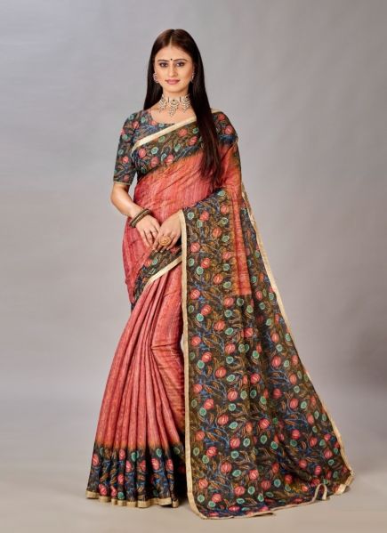 Light Red Silk Viscose Printed Saree For Traditional / Religious Occasions