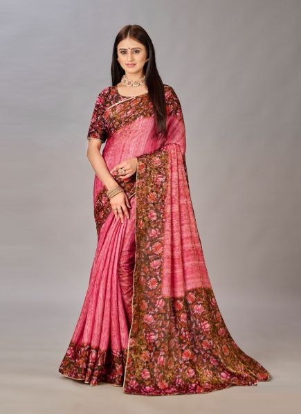 Dark Pink Silk Viscose Printed Saree For Traditional / Religious Occasions