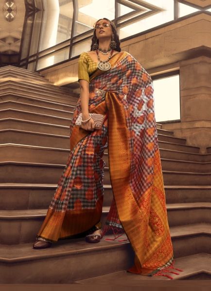 Multicolor Woven Silk Handloom Checks Saree For Traditional / Religious Occasions