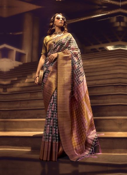 Multicolor Woven Silk Handloom Checks Saree For Traditional / Religious Occasions