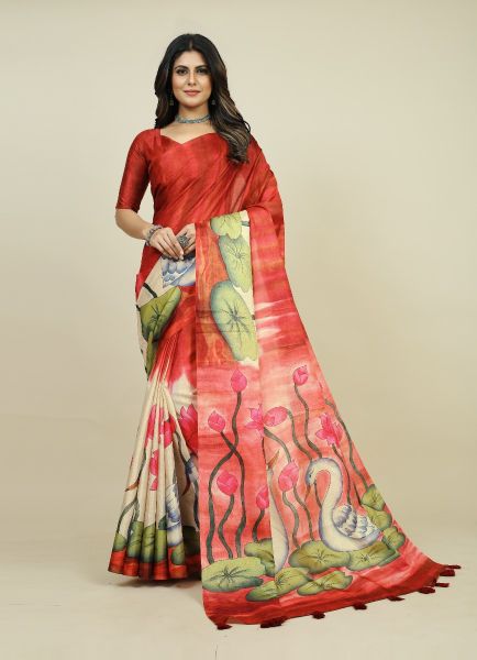 Red Tusser Silk Floral Digitally Printed Saree For Kitty Parties