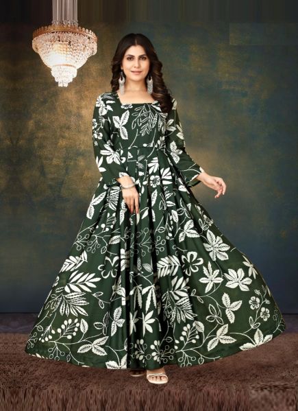 Green Muslin Digitally Printed Festive-Wear Readymade Anarkali Kurti