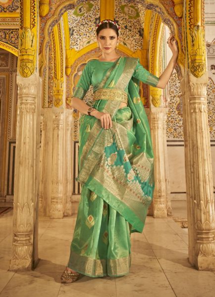 Parrot Green Banarasi Tissue Silk Zari Weaving Festive-Wear Saree
